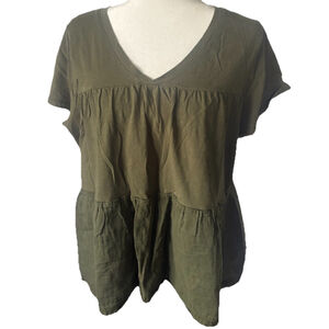 SONOMA Women’s XXL Olive Green Tiered Peplum T-Shirt 100% Cotton Babydoll Vneck